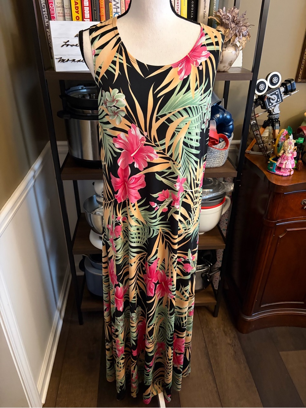 Attitudes by Renee Black Maxi Dress with Pink & Green Tropical Print